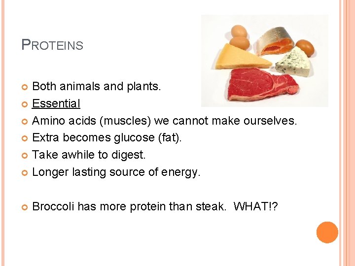 PROTEINS Both animals and plants. Essential Amino acids (muscles) we cannot make ourselves. Extra