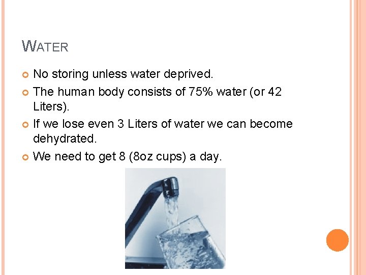 WATER No storing unless water deprived. The human body consists of 75% water (or