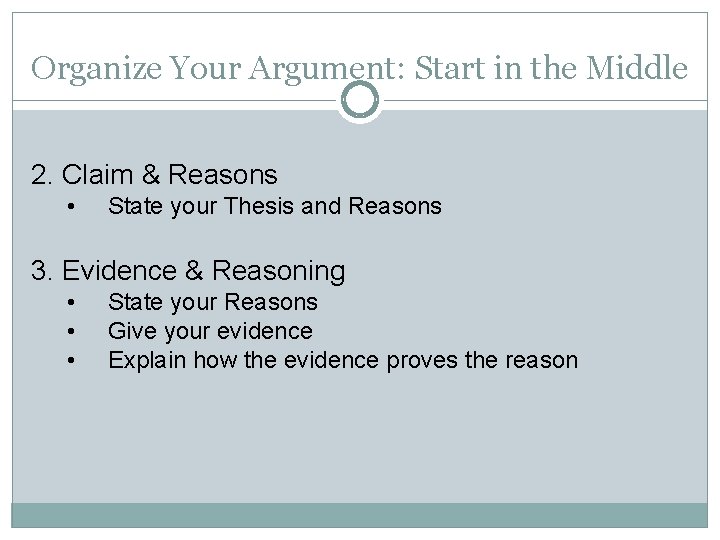 Organize Your Argument: Start in the Middle 2. Claim & Reasons • State your