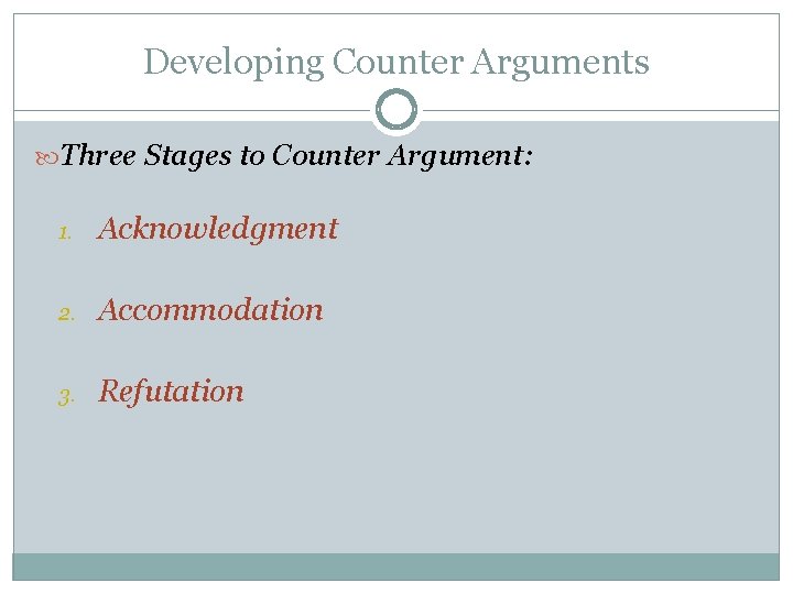 Developing Counter Arguments Three Stages to Counter Argument: 1. Acknowledgment 2. Accommodation 3. Refutation