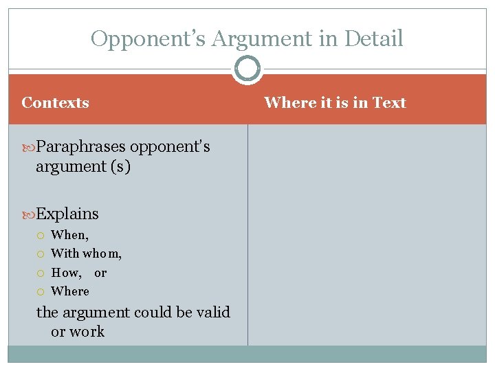 Opponent’s Argument in Detail Contexts Paraphrases opponent’s argument (s) Explains When, With whom, How,