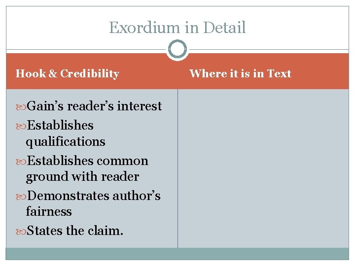 Exordium in Detail Hook & Credibility Gain’s reader’s interest Establishes qualifications Establishes common ground