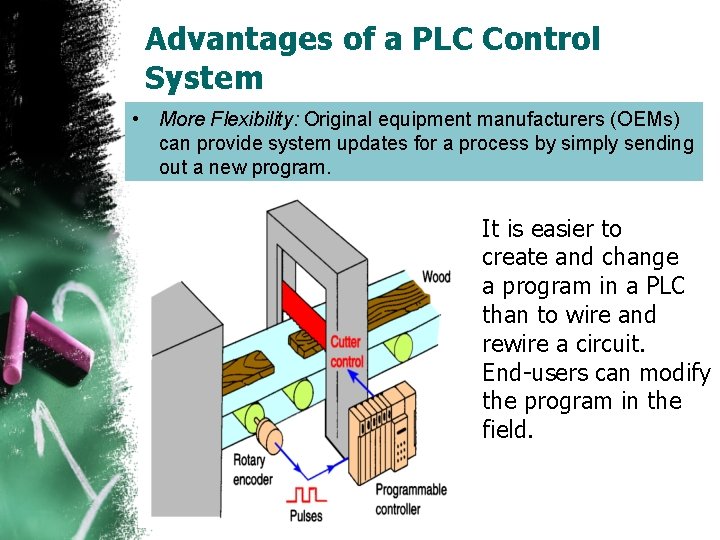 Advantages of a PLC Control System • More Flexibility: Original equipment manufacturers (OEMs) can