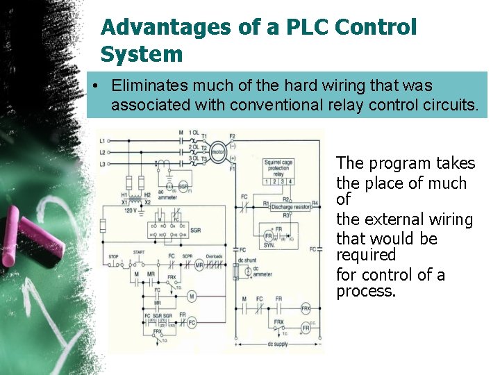 Advantages of a PLC Control System • Eliminates much of the hard wiring that