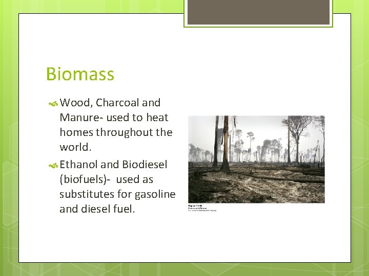 Biomass Wood, Charcoal and Manure- used to heat homes throughout the world. Ethanol and