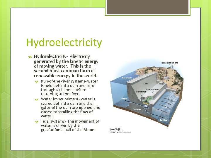 Hydroelectricity Hydroelectricity- electricity generated by the kinetic energy of moving water. This is the