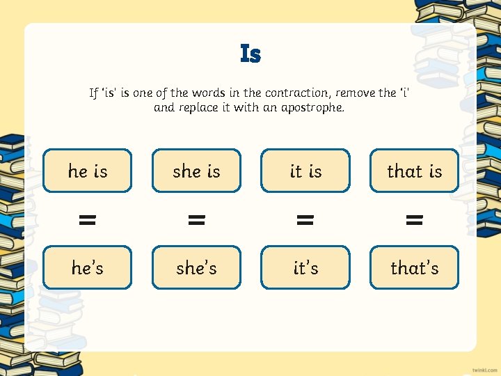 Is If ‘is’ is one of the words in the contraction, remove the ‘i’