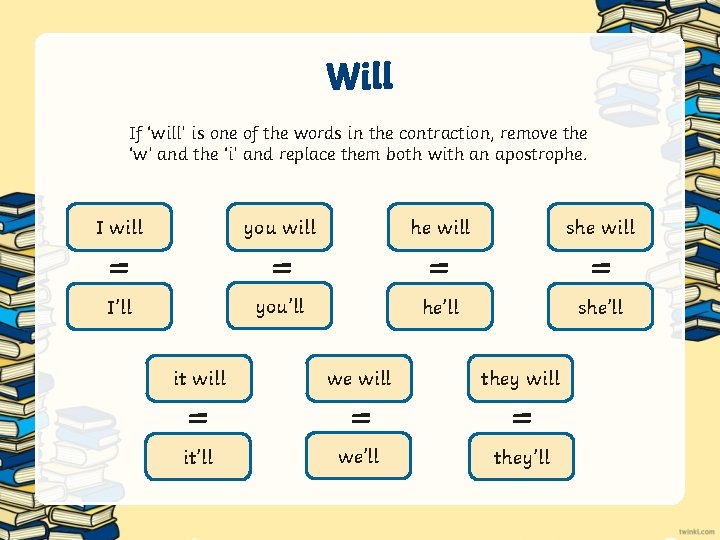 Will If ‘will’ is one of the words in the contraction, remove the ‘w’