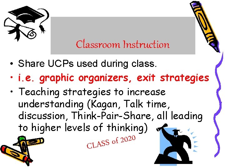 Classroom Instruction • Share UCPs used during class. • i. e. graphic organizers, exit