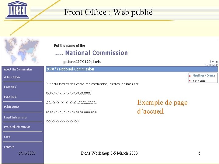 Front Office : Web publié Exemple de page d’accueil 6/11/2021 Doha Workshop 3 -5