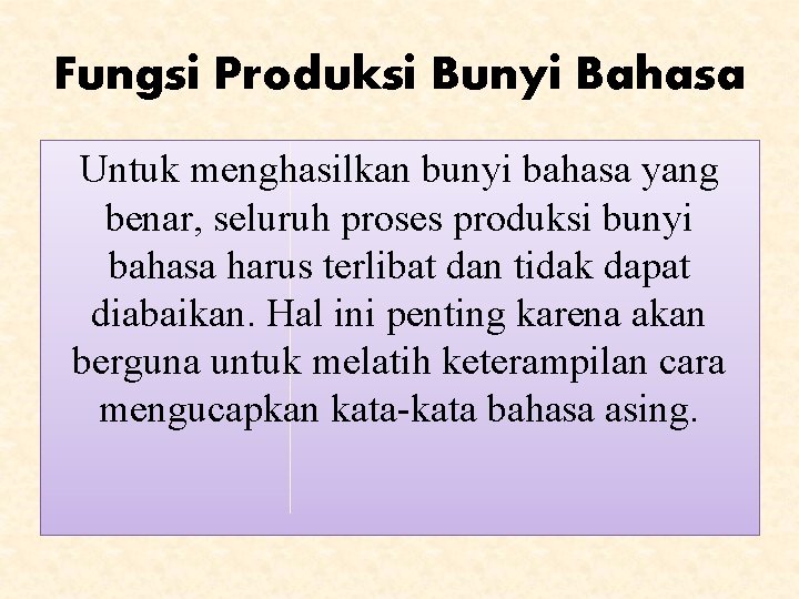 Fungsi Produksi Bunyi Bahasa Untuk menghasilkan bunyi bahasa yang benar, seluruh proses produksi bunyi