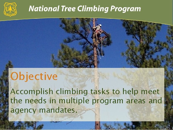 Objective Accomplish climbing tasks to help meet the needs in multiple program areas and