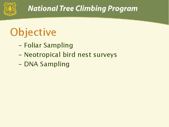 Objective – Foliar Sampling – Neotropical bird nest surveys – DNA Sampling 
