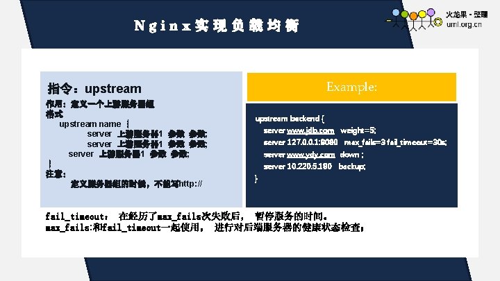 Ngi点 n x击实添现加负 标载 题均 文衡 字 指令：upstream 作用：定义一个上游服务器组 格式 upstream name ｛ server