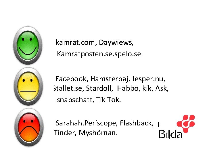 Insta kamrat. com, Daywiews, Kamratposten. se. spelo. se Facebook, Hamsterpaj, Jesper. nu, sts. Stallet.