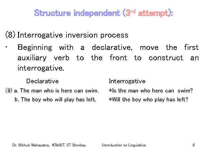 Structure independent (3 rd attempt): (8) Interrogative inversion process • Beginning with a declarative,