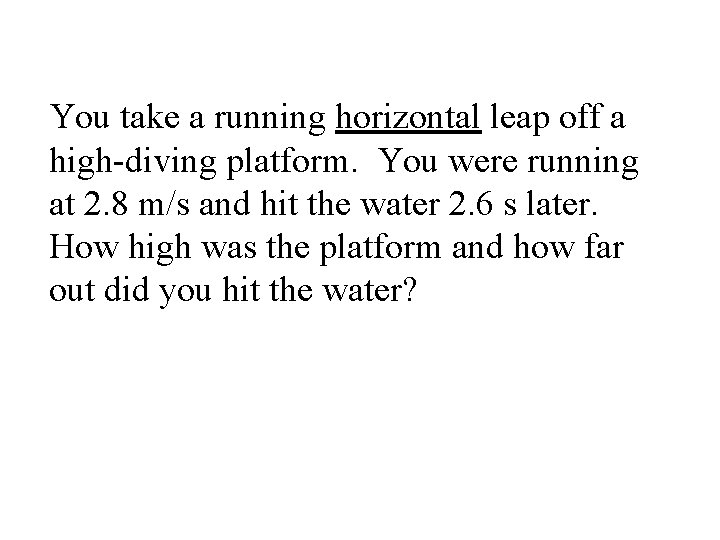 You take a running horizontal leap off a high-diving platform. You were running at You take a running horizontal leap off a high-diving platform. You were running at