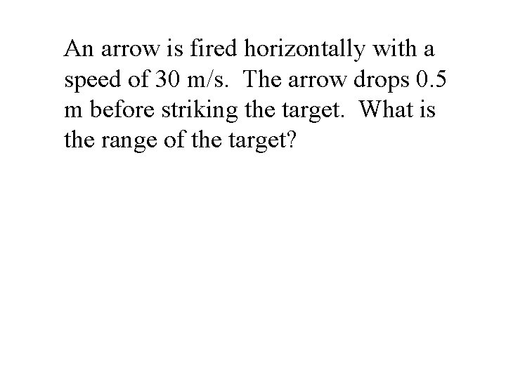 An arrow is fired horizontally with a speed of 30 m/s. The arrow drops An arrow is fired horizontally with a speed of 30 m/s. The arrow drops