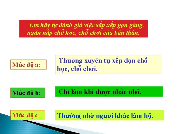 Em hãy tự đánh giá việc sắp xếp gọn gàng, ngăn nắp chỗ học,