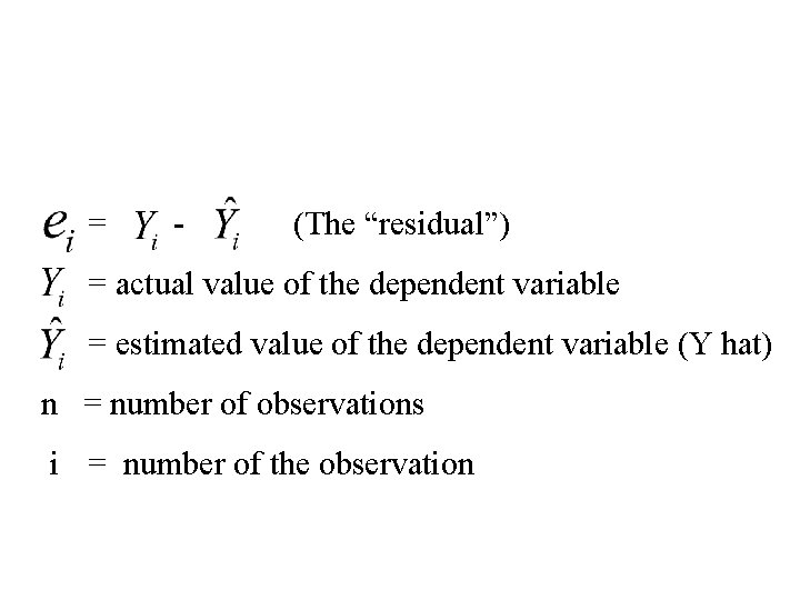 = - (The “residual”) = actual value of the dependent variable = estimated value