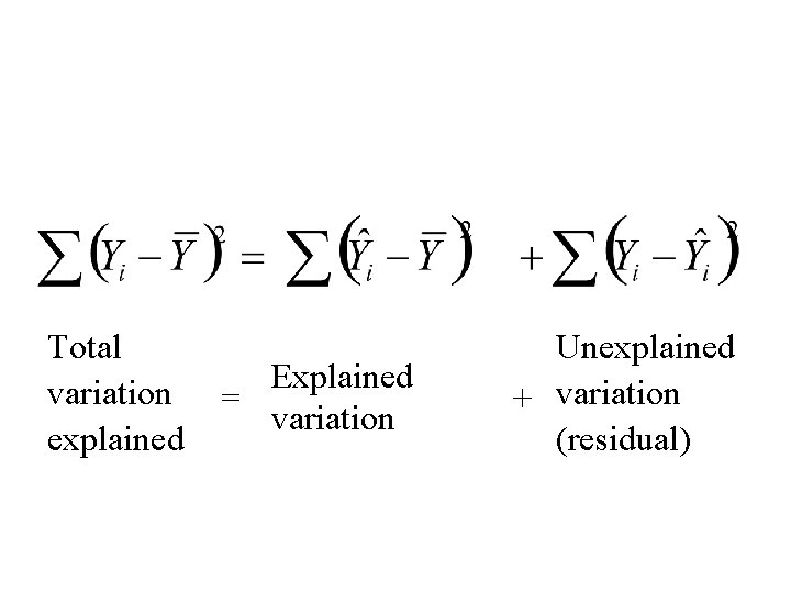 Total variation explained Explained = variation Unexplained + variation (residual) 