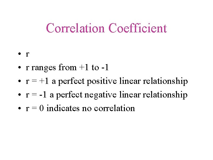 Correlation Coefficient • • • r r ranges from +1 to -1 r =