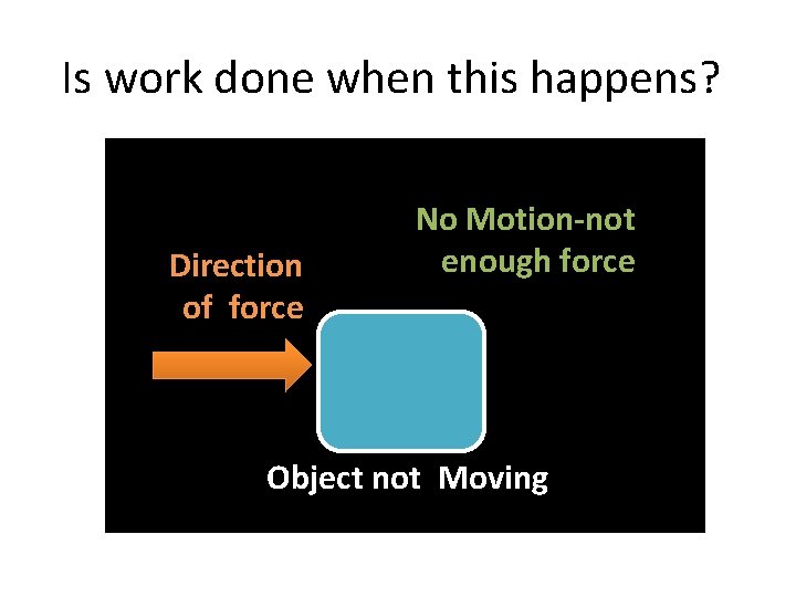 Is work done when this happens? Direction of force No Motion-not enough force Object