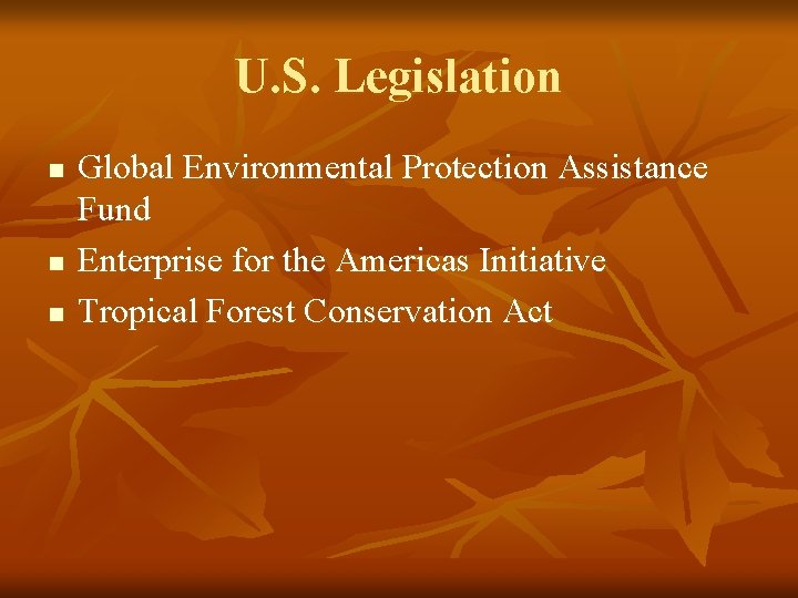 U. S. Legislation n Global Environmental Protection Assistance Fund Enterprise for the Americas Initiative