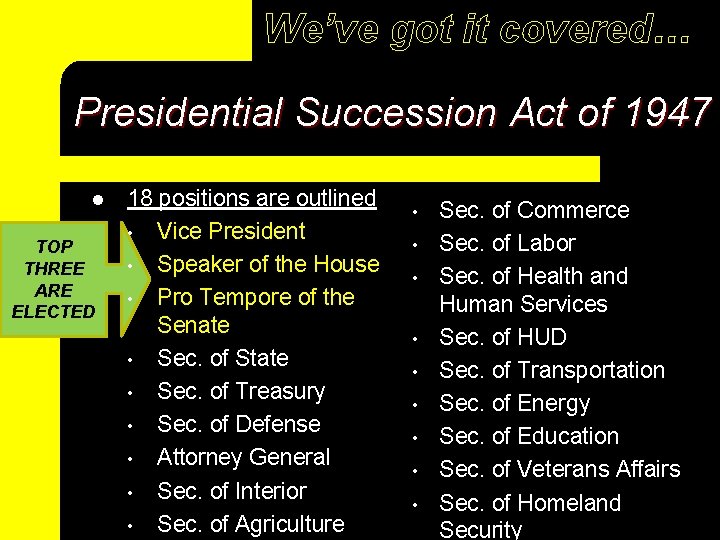 We’ve got it covered… Presidential Succession Act of 1947 l TOP THREE ARE ELECTED