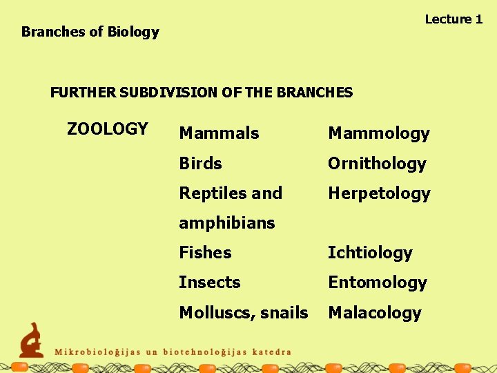 Lecture 1 Branches of Biology FURTHER SUBDIVISION OF THE BRANCHES ZOOLOGY Mammals Mammology Birds