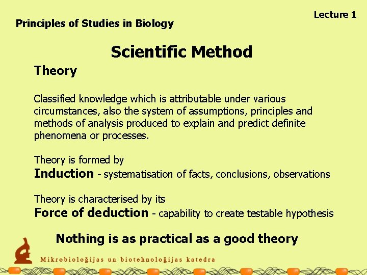 Principles of Studies in Biology Lecture 1 Scientific Method Theory Classified knowledge which is
