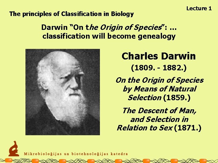 The principles of Classification in Biology Lecture 1 Darwin “On the Origin of Species”: