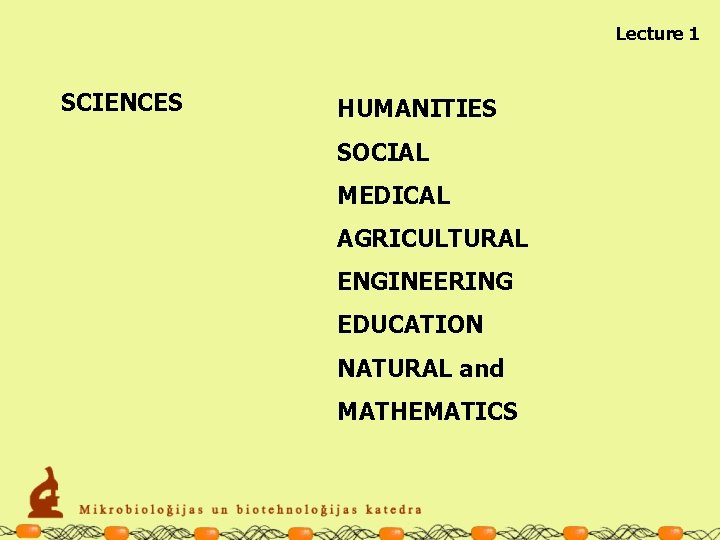 Lecture 1 SCIENCES HUMANITIES SOCIAL MEDICAL AGRICULTURAL ENGINEERING EDUCATION NATURAL and MATHEMATICS 