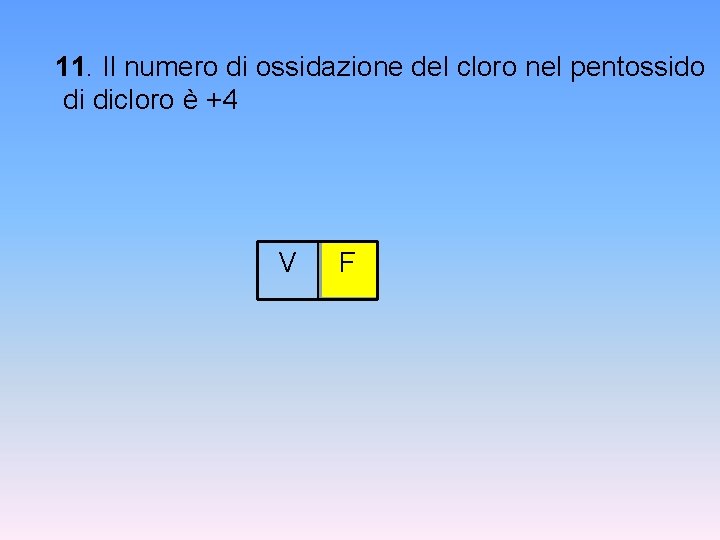 11. Il numero di ossidazione del cloro nel pentossido di dicloro è +4 V