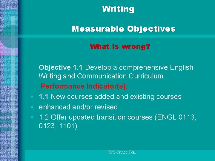 Writing Measurable Objectives What is wrong? Objective 1. 1 Develop a comprehensive English Writing