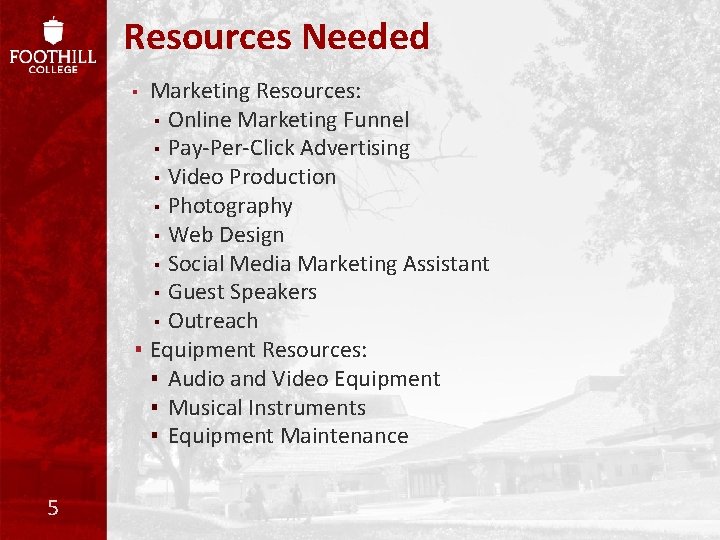 Resources Needed Marketing Resources: ▪ Online Marketing Funnel ▪ Pay-Per-Click Advertising ▪ Video Production