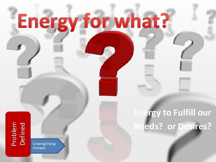 Problem Defined Energy for what? Energy to Fulfill our Needs? or Desires? Growing Energy