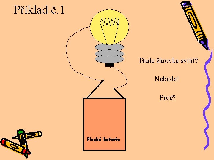 Příklad č. 1 Bude žárovka svítit? Nebude! Proč? Plochá baterie 