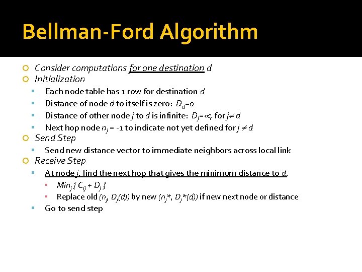 Bellman-Ford Algorithm Consider computations for one destination d Initialization Each node table has 1