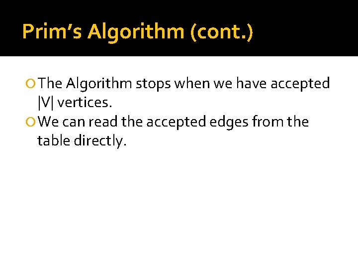 Prim’s Algorithm (cont. ) The Algorithm stops when we have accepted |V| vertices. We