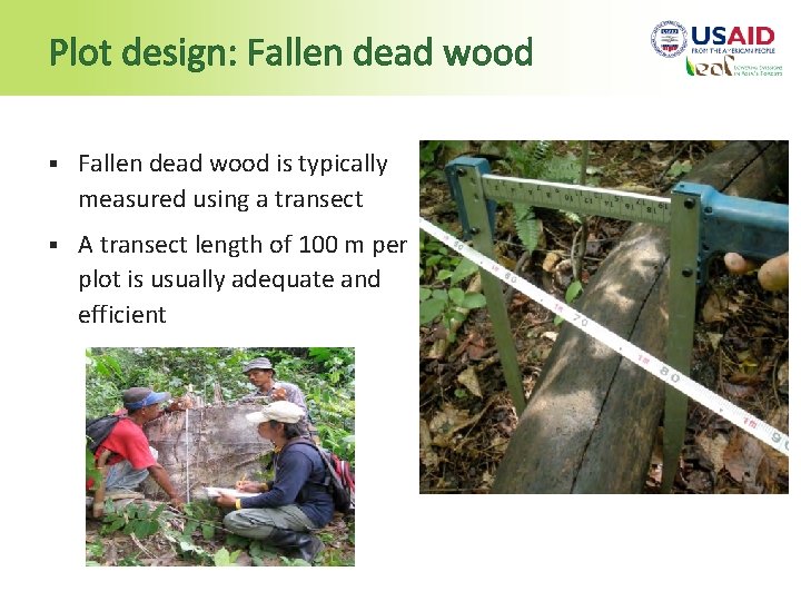 Plot design: Fallen dead wood § Fallen dead wood is typically measured using a