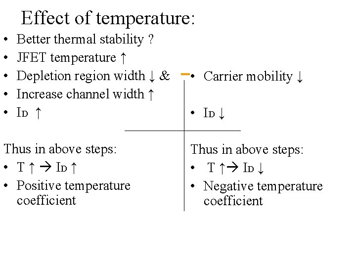 Effect of temperature: • • • Better thermal stability ? JFET temperature ↑ Depletion