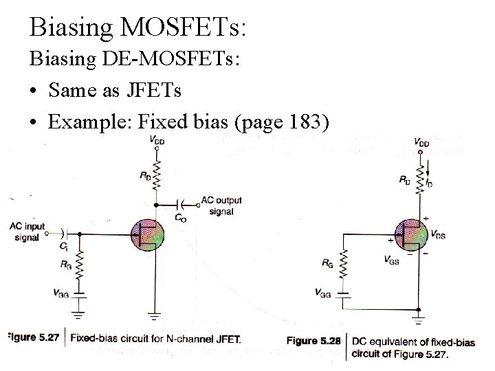 Biasing MOSFETs: Biasing DE-MOSFETs: • Same as JFETs • Example: Fixed bias (page 183)