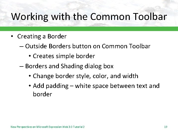 Working with the Common Toolbar • Creating a Border – Outside Borders button on