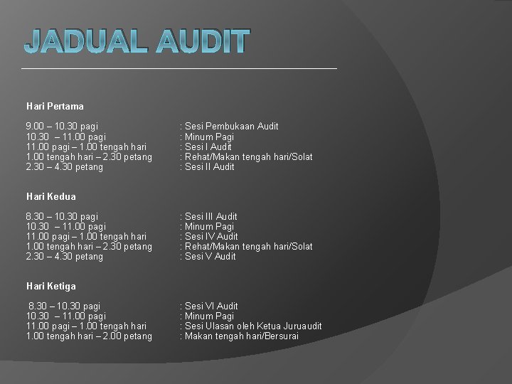 JADUAL AUDIT Hari Pertama 9. 00 – 10. 30 pagi 10. 30 – 11.