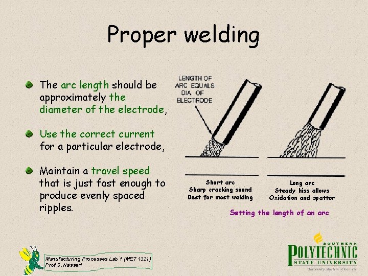 Proper welding The arc length should be approximately the diameter of the electrode, Use