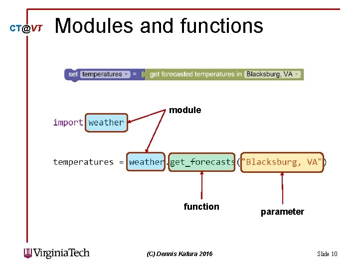 CT@VT Modules and functions module function (C) Dennis Kafura 2016 parameter Slide 10 