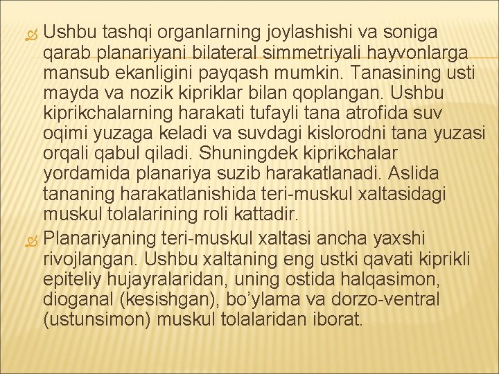 Ushbu tashqi organlarning joylashishi va soniga qarab planariyani bilateral simmetriyali hayvonlarga mansub ekanligini payqash