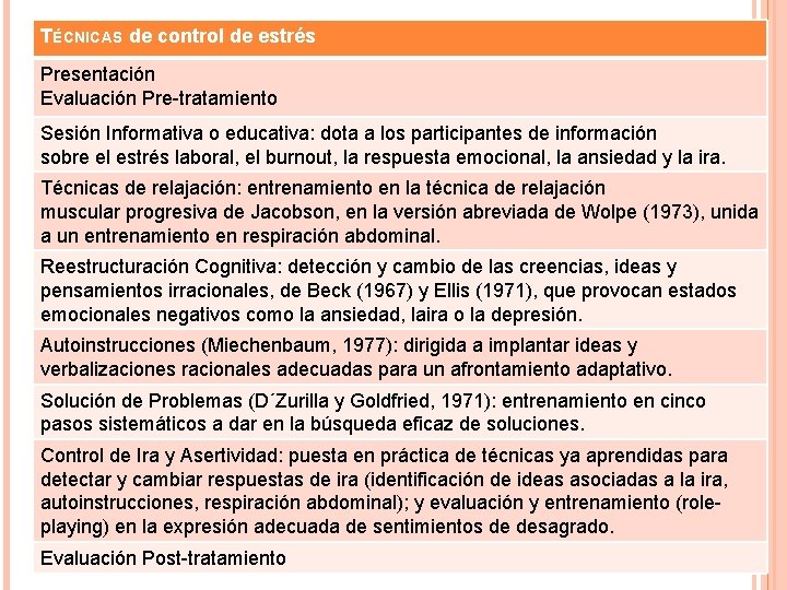 TÉCNICAS de control de estrés Presentación Evaluación Pre-tratamiento Sesión Informativa o educativa: dota a