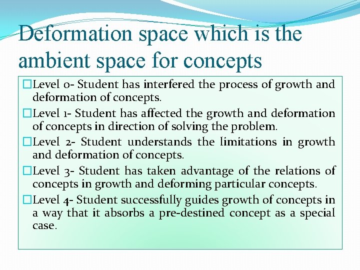 Deformation space which is the ambient space for concepts �Level 0 - Student has